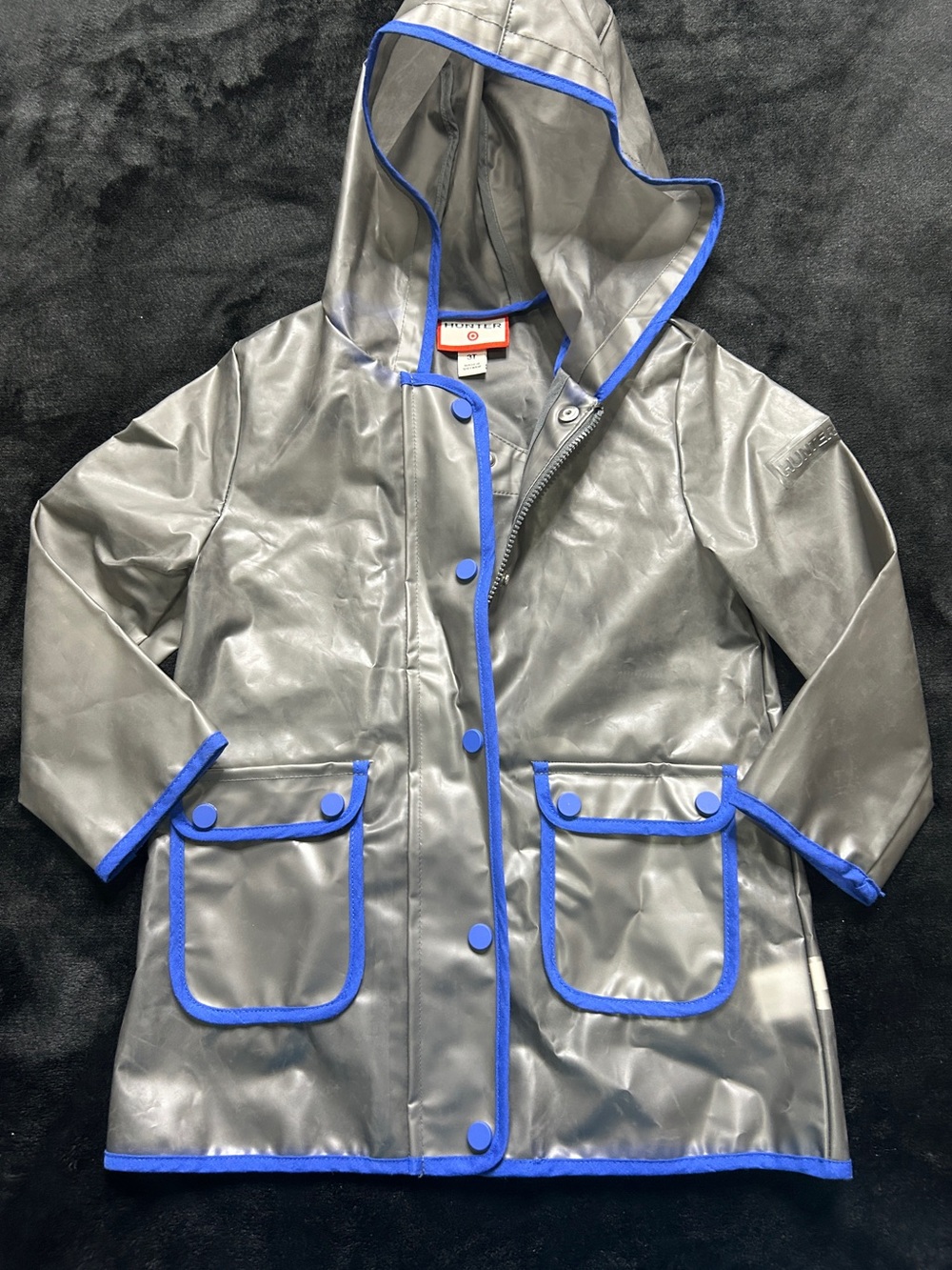 Hunter Kids Waterproof Hooded Raincoat - Gray with Blue Trim